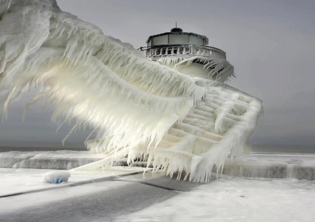 frozen lighthouse - ice, frozen, winter, lighthouse, cold