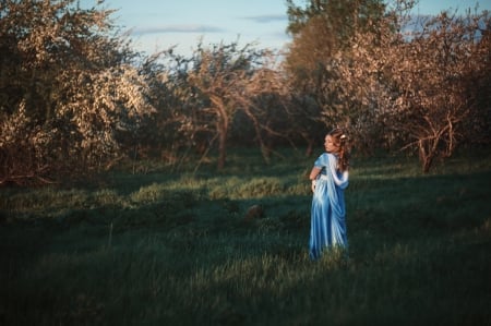 Springtime Garden - trees, blossoms, apples, woman, seasonal