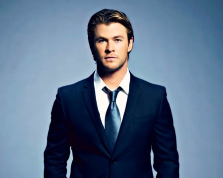 Chris Hemsworth - male, black, actor, costume, blue, Chris Hemsworth, blond, man