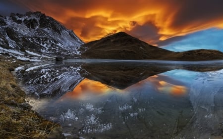 Reflection Mountain - clouds, sunset, nature, snow, lake, mountains, reflection, sky