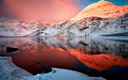 Lake Reflection - sky, lake, mountains, reflection, clouds, nature, snow