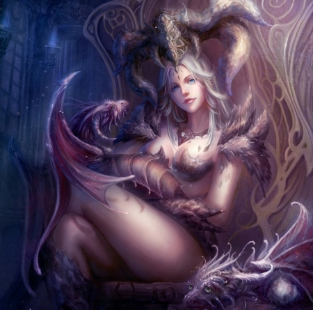 Dragon Throne - woman, beauty, female, fantasy, armor, art, purple, dark, pretty, fantasy woman, lady, throne, dragons, long hair, abstract, beautiful, white hair