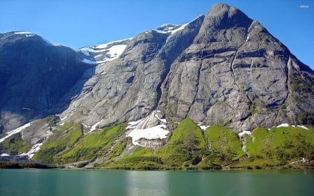 rocky peak to the lake - lake, rock, mountain, grass