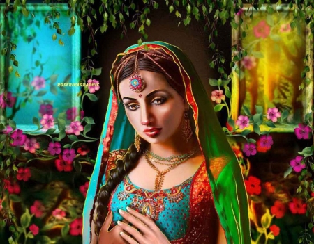 Indie - traditional, lady, indian, bride, art