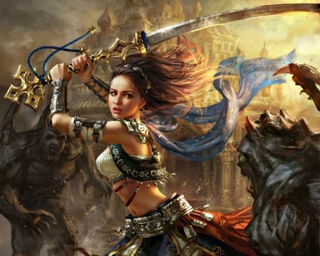 Diula - legend of the cryptids, game, diula, girl, sword, anotherwanderer, battle, fantasy, woman, art