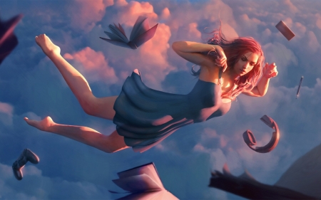 In her dream - woman, redhead, art, girl, pink, blue, book, fantasy