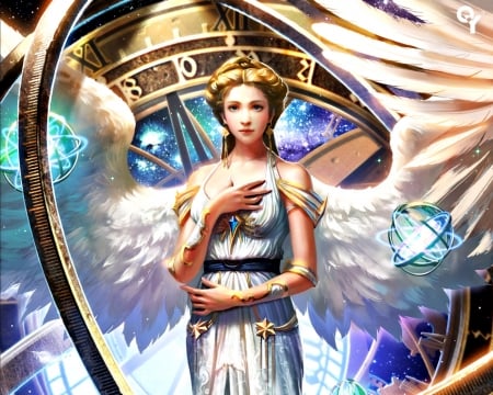 Angel - woman, girl, wings, liang-xing, fantasy, cosmic planetary angels, game, blue, feather, legend of the cryptids