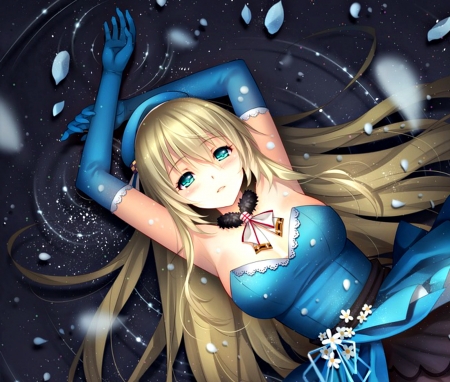 Atago - atago, anime, tidsean, blue, girl, blonde, kantai collection, petals, luminos