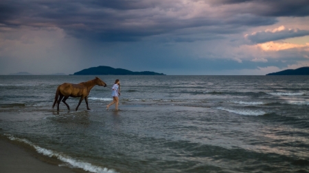 Peaceful Time - women, fun, female, beaches, sea, models, brunettes, ocean, western, girls, cowgirls, style, horses