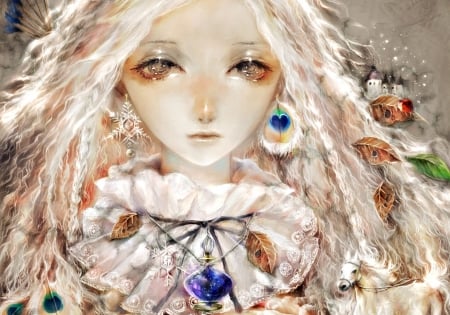 Beauty - autumn, heart, leaf, peacock, face, white, art, anime, feather, orange, manga, yogisya, snowflake, pendant, girl, jewel, blue