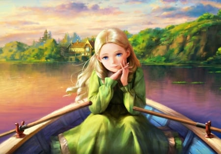 Marnie - anime, water, blue, boat, girl, blonde, manga, purple, green, marnie, lake, yogisya