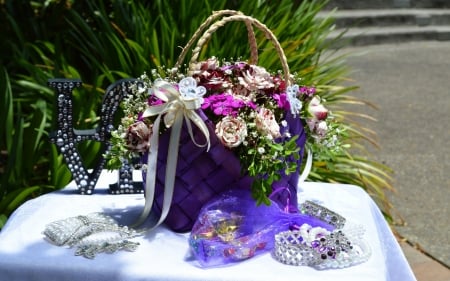 Wedding decoration - basket, purple, green, wedding, flower, pink