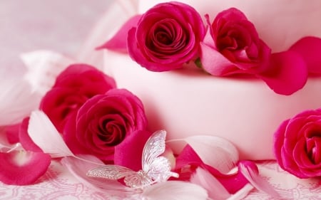 Happy Valentine's Day! - red, butterfly, rose, pink, sweet, cake