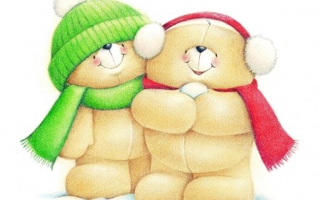 Forever friends - red, winter, cute, scarf, white, toy, card, teddy bear, hat, couple, green