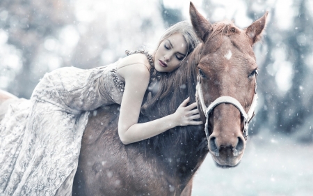 Beauties - winter, snow, girl, horse, alessandro di cicco, cowgirl, animal, woman, model