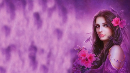 Fantasy Beauty - purple, digital, pretty, beautiful, flowers, girl, art, fantasy, female, woman