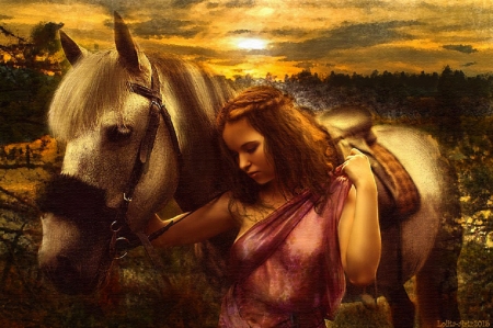 Princess and white horse - horse, digital, pretty, beautiful, girl, art, fantasy, sunset, princess, woman