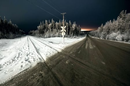 Train Crossing - street, storm, evening, dark, sunset, snow, railways