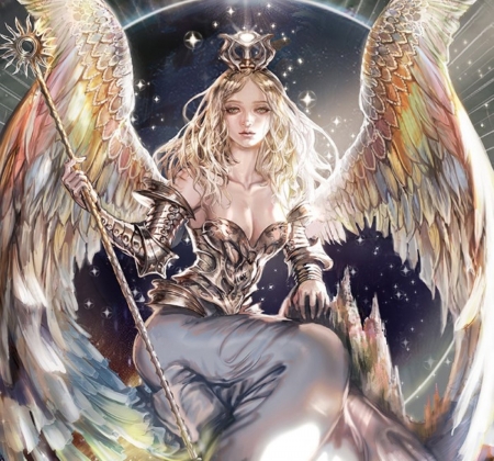 Queen of Angels - divine, female, crown, dress, angel, magical, long hair, stars, fantasy woman, abstract, queen, beautiful, blonde hair, colors, lovely, fantasy, lady, silver, woman, soft, wings, feathers