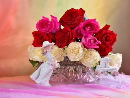 Bouquet of roses - statue, roses, fragrance, colorful, bouquet, still life, lovely, pretty, beautiful, scent