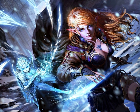 Fantasy girl - woman, redhead, girl, magical, wings, fantasy, art, game, fangogogo, blue, legend of the cryptids, fairy