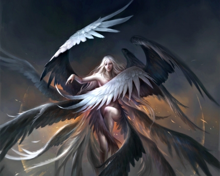 Worm The Simurgh - feather, angel, man, black, fantasy, worm the simurgh, white, wings, sandara, art