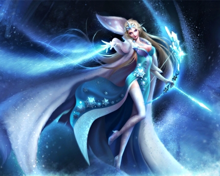 Angel - game, yodao, winter, archer, blue, girl, beauty, league of angels, ice, fantasy, woman, art, luminos