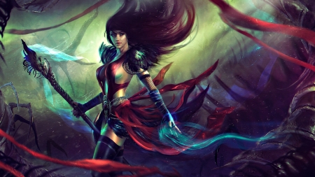 Necromancer - woman, necromancer, girl, fantasy, guild wars, art, purple, dark, game, red, eddy-shinjuku, green