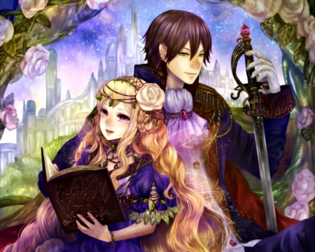 Anime couple - sword, flower, purple, book, rose, pink, love, haruci, anime, girl, knight, manga, princess, couple, guy, man