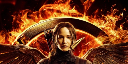 The Hunger Games: Mockingjay - Part 1 (2014) - woman, actress, jennifer lawrence, girl, movie, the hunger games, katniss, wings, black, fantasy, fire, yellow, red, orange, mockingjay