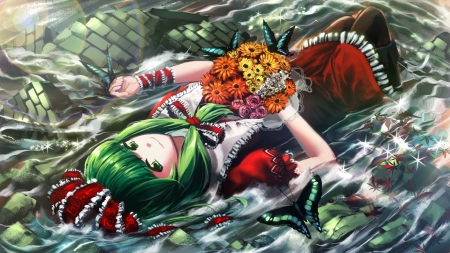 Attracting Butterflies - flowers, anime, water, touhou, butterflies, hina kagiyama, green hair, bouquet