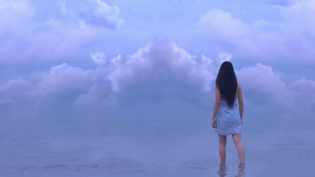 girl wading in the sea - horizon, girl, sea, clouds