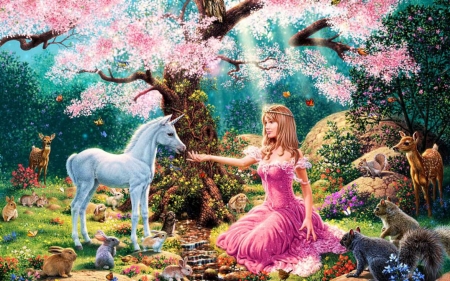 source of life - princess, flower, unicorn, tree