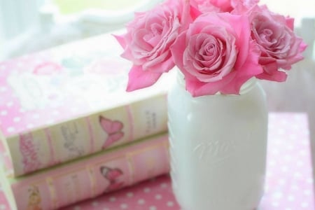 Chic Pink & White - vase, roses, romantic, books, pink, still life, white, beloved valentines, chic, love four seasons, Valentines