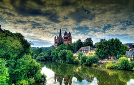 Limburg, Germany - reflections, trees, castle, lahn, water, cathedral, towers