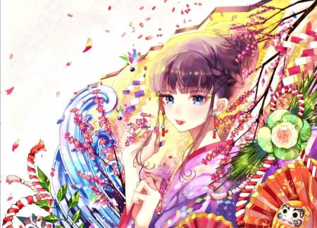 Spring - anime, yellow, blue, original, girl, fan, spring, flower, fujimi nanna, white, mkimono, red, green