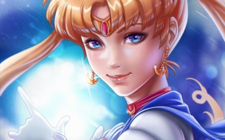 Sailor Moon - face, red, blonde, anime, girl, blue, manga, white, sailor moon