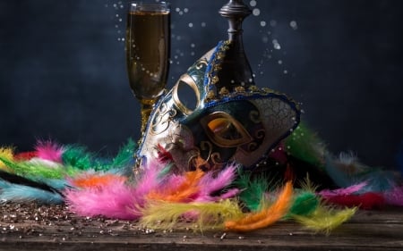 Mask - mask, glass, venice, black, yellow, carnival, pink, green, feather, orange