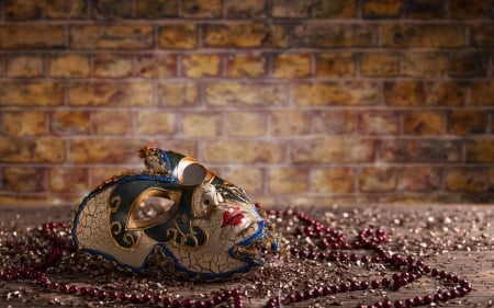 Mask - wood, carnival, mask, venice, pink, beads