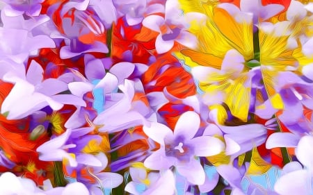 Flowers - red, flower, purple, pink, yellow, lilac, art, pictura, texture, painting