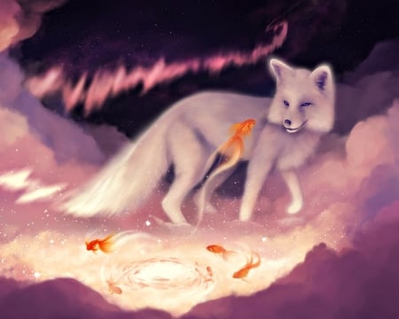 Star Traveler - star traveler, auroralion, winter, pink, water, fox, art, aurora, white, golden fish, fantasy, luminos