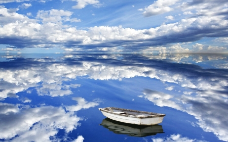 Lake Reflection - sky, lake, reflection, clouds, boat, nature