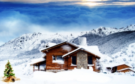 Winter Dream - clouds, snow, tree, cabin, mountains