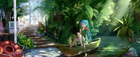 Cute Girl - anime, girl, green, boat