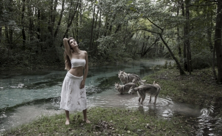 Forest Girl - animal, woman, forest, river