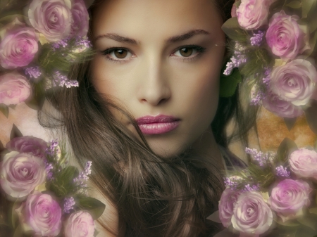 Roses in the hair - woman, fragrance, roses, girl, lovely, model, face, pretty, beautiful, pink, scent, flowers