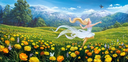 Happy and free - summer, flower, spring, yellow, anime, girl, dress, blue, white, sky, fantasy, field, orange, green