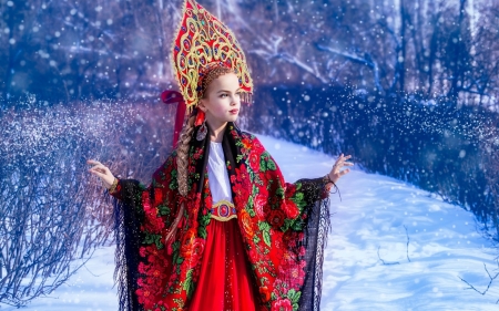 Winter beauty - beauty, ethnic, girl, headdress, winter, child, copil, white, snow, blue, red