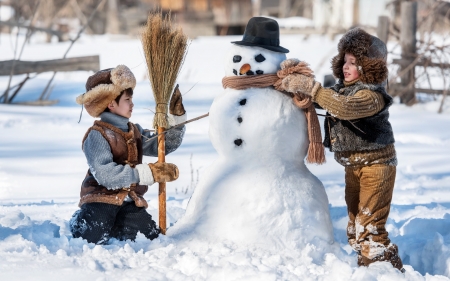 Winter fun - boy, white, snowman, winter, snow, children, couple, child