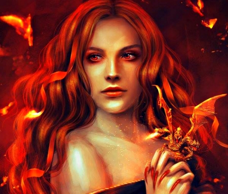 Fantasy girl - red, fire, fantasy, dragon, girl, woman, redhead